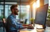 Ein strahlend helles Büro mit natürlich einfallendem Tageslicht, in dem ein lächelnder Entwickler am modernen Arbeitsplatz konzentriert an sauber strukturiertem Code auf einem großen Bildschirm arbeitet – die freundliche Atmosphäre vermittelt Innovation und Fortschritt im Programmieralltag.