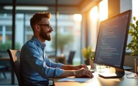 Ein strahlend helles Büro mit natürlich einfallendem Tageslicht, in dem ein lächelnder Entwickler am modernen Arbeitsplatz konzentriert an sauber strukturiertem Code auf einem großen Bildschirm arbeitet – die freundliche Atmosphäre vermittelt Innovation und Fortschritt im Programmieralltag.