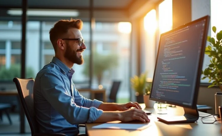 Ein strahlend helles Büro mit natürlich einfallendem Tageslicht, in dem ein lächelnder Entwickler am modernen Arbeitsplatz konzentriert an sauber strukturiertem Code auf einem großen Bildschirm arbeitet – die freundliche Atmosphäre vermittelt Innovation und Fortschritt im Programmieralltag.