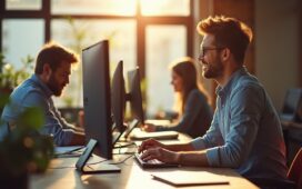 Ein sonnendurchflutetes, modernes Entwicklerbüro voller lebendiger Menschen, die konzentriert und mit einem Lächeln vor mehreren Bildschirmen an modernen Webprojekten mit C# und .NET-Technologien arbeiten, umgeben von natürlichem Tageslicht und warmen Holzmöbeln, das den Aufstieg einer einst unterschätzten Programmiersprache in der digitalen Arbeitswelt lebendig einfängt.