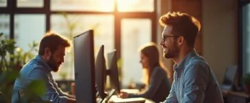Ein sonnendurchflutetes, modernes Entwicklerbüro voller lebendiger Menschen, die konzentriert und mit einem Lächeln vor mehreren Bildschirmen an modernen Webprojekten mit C# und .NET-Technologien arbeiten, umgeben von natürlichem Tageslicht und warmen Holzmöbeln, das den Aufstieg einer einst unterschätzten Programmiersprache in der digitalen Arbeitswelt lebendig einfängt.