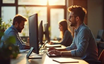 Ein sonnendurchflutetes, modernes Entwicklerbüro voller lebendiger Menschen, die konzentriert und mit einem Lächeln vor mehreren Bildschirmen an modernen Webprojekten mit C# und .NET-Technologien arbeiten, umgeben von natürlichem Tageslicht und warmen Holzmöbeln, das den Aufstieg einer einst unterschätzten Programmiersprache in der digitalen Arbeitswelt lebendig einfängt.