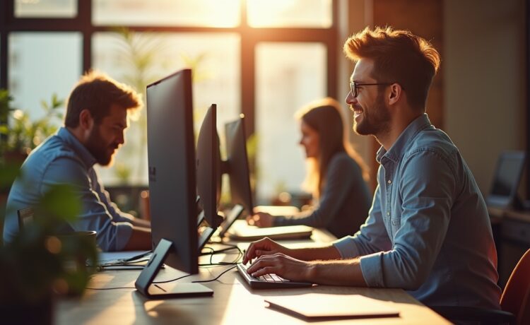 Ein sonnendurchflutetes, modernes Entwicklerbüro voller lebendiger Menschen, die konzentriert und mit einem Lächeln vor mehreren Bildschirmen an modernen Webprojekten mit C# und .NET-Technologien arbeiten, umgeben von natürlichem Tageslicht und warmen Holzmöbeln, das den Aufstieg einer einst unterschätzten Programmiersprache in der digitalen Arbeitswelt lebendig einfängt.