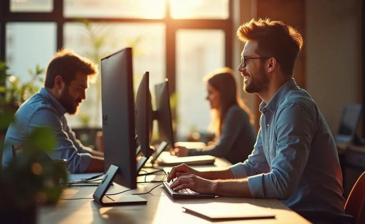 Ein sonnendurchflutetes, modernes Entwicklerbüro voller lebendiger Menschen, die konzentriert und mit einem Lächeln vor mehreren Bildschirmen an modernen Webprojekten mit C# und .NET-Technologien arbeiten, umgeben von natürlichem Tageslicht und warmen Holzmöbeln, das den Aufstieg einer einst unterschätzten Programmiersprache in der digitalen Arbeitswelt lebendig einfängt.