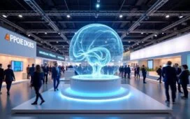 Ein sonnendurchfluteter, moderner Messestand mit strahlenden Fachbesuchern und elegant präsentierten smarten Technologien, die in freundlicher, lebendiger Atmosphäre die Zukunft der Vernetzung und Künstlichen Intelligenz auf der CES 2026 greifbar machen.