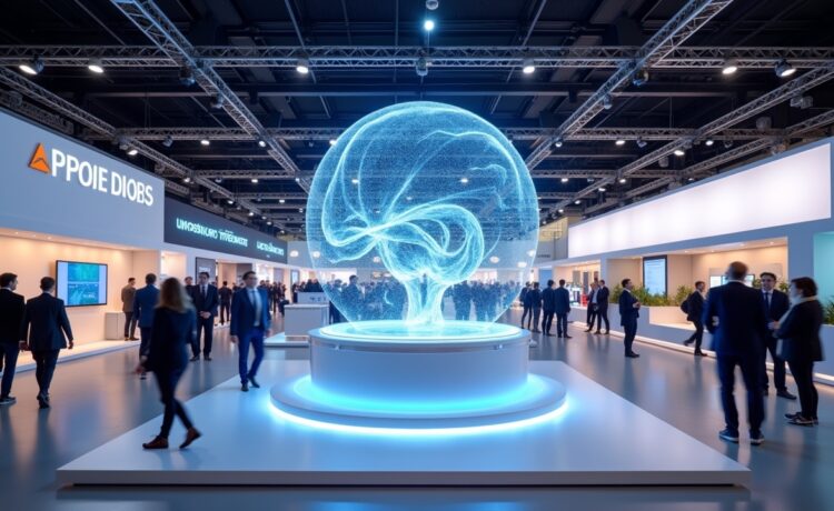 Ein sonnendurchfluteter, moderner Messestand mit strahlenden Fachbesuchern und elegant präsentierten smarten Technologien, die in freundlicher, lebendiger Atmosphäre die Zukunft der Vernetzung und Künstlichen Intelligenz auf der CES 2026 greifbar machen.