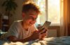 Ein sonnendurchflutetes Jugendzimmer zeigt einen nachdenklichen Teenager, der mit einem warmen, einladenden Lächeln auf sein Smartphone blickt, während weiches Tageslicht sanft die freundliche Atmosphäre einer vertrauten digitalen Verbindung zwischen Mensch und KI unterstreicht.