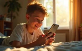Ein sonnendurchflutetes Jugendzimmer zeigt einen nachdenklichen Teenager, der mit einem warmen, einladenden Lächeln auf sein Smartphone blickt, während weiches Tageslicht sanft die freundliche Atmosphäre einer vertrauten digitalen Verbindung zwischen Mensch und KI unterstreicht.