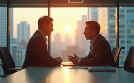 In einem hell erleuchteten, modernen Büro mit großen Fenstern, die warmes Tageslicht hereinlassen, diskutieren ein chinesischer und ein westlicher Geschäftsmann respektvoll über zukunftsweisende KI-Technologien, während dezente Hintergrunddetails wie fortschrittliche Computer und digitale Grafiken leise den globalen Innovationsgeist widerspiegeln.