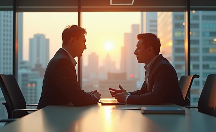 In einem hell erleuchteten, modernen Büro mit großen Fenstern, die warmes Tageslicht hereinlassen, diskutieren ein chinesischer und ein westlicher Geschäftsmann respektvoll über zukunftsweisende KI-Technologien, während dezente Hintergrunddetails wie fortschrittliche Computer und digitale Grafiken leise den globalen Innovationsgeist widerspiegeln.