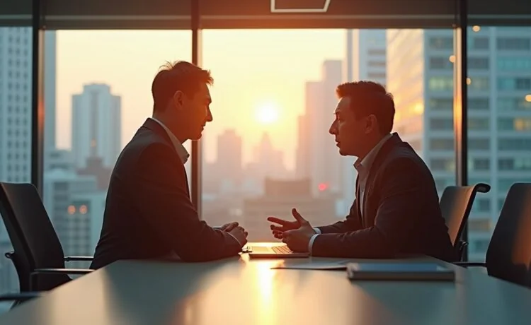 In einem hell erleuchteten, modernen Büro mit großen Fenstern, die warmes Tageslicht hereinlassen, diskutieren ein chinesischer und ein westlicher Geschäftsmann respektvoll über zukunftsweisende KI-Technologien, während dezente Hintergrunddetails wie fortschrittliche Computer und digitale Grafiken leise den globalen Innovationsgeist widerspiegeln.