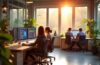 Ein sonnendurchflutetes, modernes Office-Setting mit fokussierten Entwicklerinnen und Entwicklern, die in entspannter Atmosphäre gemeinsam an Bildschirmen mit lebendigen Farbpaletten und komplexen Farbcodes arbeiten, während warme Tageslichtstrahlen das minimalistische, kreative Umfeld mit natürlicher Lebendigkeit erfüllen.