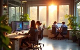 Ein sonnendurchflutetes, modernes Office-Setting mit fokussierten Entwicklerinnen und Entwicklern, die in entspannter Atmosphäre gemeinsam an Bildschirmen mit lebendigen Farbpaletten und komplexen Farbcodes arbeiten, während warme Tageslichtstrahlen das minimalistische, kreative Umfeld mit natürlicher Lebendigkeit erfüllen.