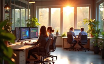Ein sonnendurchflutetes, modernes Office-Setting mit fokussierten Entwicklerinnen und Entwicklern, die in entspannter Atmosphäre gemeinsam an Bildschirmen mit lebendigen Farbpaletten und komplexen Farbcodes arbeiten, während warme Tageslichtstrahlen das minimalistische, kreative Umfeld mit natürlicher Lebendigkeit erfüllen.