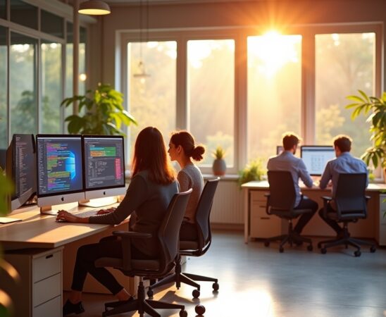 Ein sonnendurchflutetes, modernes Office-Setting mit fokussierten Entwicklerinnen und Entwicklern, die in entspannter Atmosphäre gemeinsam an Bildschirmen mit lebendigen Farbpaletten und komplexen Farbcodes arbeiten, während warme Tageslichtstrahlen das minimalistische, kreative Umfeld mit natürlicher Lebendigkeit erfüllen.