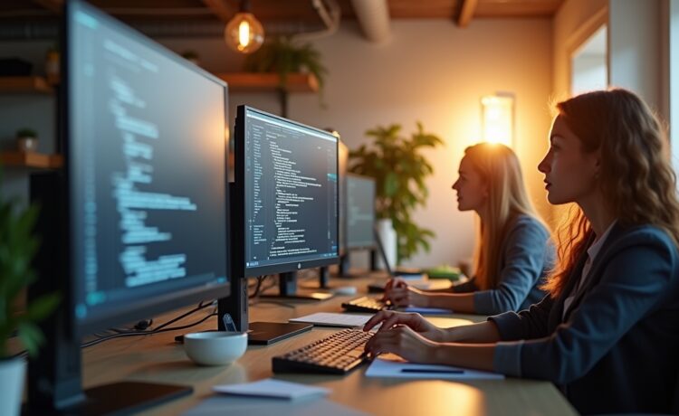 Ein hell erleuchtetes, freundliches Büro mit Entwickler:innen in entspannter Arbeitsatmosphäre vor modernen Bildschirmen, die Code und Sicherheitspatches zeigen, umgeben von natürlichem Tageslicht und warmen Holzelementen, das Vertrauen und die Dringlichkeit im Kampf gegen digitale Sicherheitslücken lebendig ausdrückt.