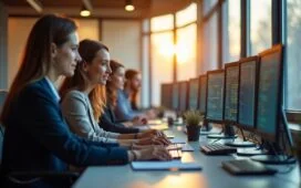 In einem lichtdurchfluteten, modernen Büro sitzen engagierte Justizbeamte konzentriert an ihren Bildschirmen, umgeben von warmen Holztönen und sanftem Tageslicht, während im Hintergrund stille digitale Karten und vernetzte Datenströme die Herausforderung der Cyberkriminalität in Bayern subtil andeuten.