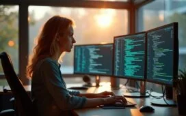 In einem hell erleuchteten, modernen Büro sitzt eine junge, fokussierte IT-Sicherheitsexpertin vor mehrfachen Bildschirmen mit komplexen Codezeilen, während natürliche Sonnenstrahlen durch große Fenster fallen und eine warme, ruhige Atmosphäre schaffen, die zugleich die Dringlichkeit und Präzision im Kampf gegen KI-gestützte Cyberbedrohungen zeigt.