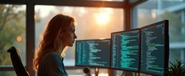 In einem hell erleuchteten, modernen Büro sitzt eine junge, fokussierte IT-Sicherheitsexpertin vor mehrfachen Bildschirmen mit komplexen Codezeilen, während natürliche Sonnenstrahlen durch große Fenster fallen und eine warme, ruhige Atmosphäre schaffen, die zugleich die Dringlichkeit und Präzision im Kampf gegen KI-gestützte Cyberbedrohungen zeigt.