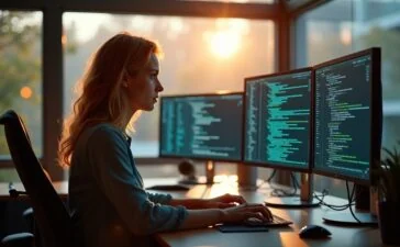 In einem hell erleuchteten, modernen Büro sitzt eine junge, fokussierte IT-Sicherheitsexpertin vor mehrfachen Bildschirmen mit komplexen Codezeilen, während natürliche Sonnenstrahlen durch große Fenster fallen und eine warme, ruhige Atmosphäre schaffen, die zugleich die Dringlichkeit und Präzision im Kampf gegen KI-gestützte Cyberbedrohungen zeigt.