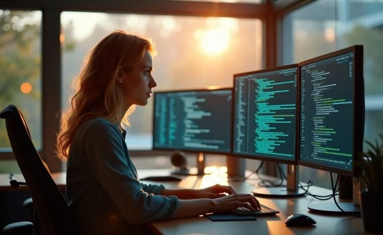 In einem hell erleuchteten, modernen Büro sitzt eine junge, fokussierte IT-Sicherheitsexpertin vor mehrfachen Bildschirmen mit komplexen Codezeilen, während natürliche Sonnenstrahlen durch große Fenster fallen und eine warme, ruhige Atmosphäre schaffen, die zugleich die Dringlichkeit und Präzision im Kampf gegen KI-gestützte Cyberbedrohungen zeigt.