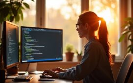 In einem hell erleuchteten modernen Home-Office sitzt eine konzentrierte Frau vor mehreren Bildschirmen, auf denen Code und Browserfenster sichtbar sind, während warme Sonnenstrahlen den Raum durchfluten und eine Atmosphäre aus Zuversicht und Wachsamkeit schaffen.