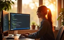 In einem hell erleuchteten modernen Home-Office sitzt eine konzentrierte Frau vor mehreren Bildschirmen, auf denen Code und Browserfenster sichtbar sind, während warme Sonnenstrahlen den Raum durchfluten und eine Atmosphäre aus Zuversicht und Wachsamkeit schaffen.