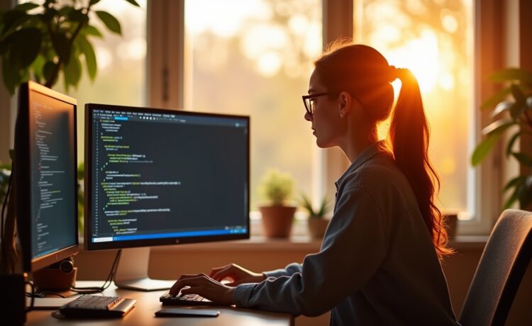 In einem hell erleuchteten modernen Home-Office sitzt eine konzentrierte Frau vor mehreren Bildschirmen, auf denen Code und Browserfenster sichtbar sind, während warme Sonnenstrahlen den Raum durchfluten und eine Atmosphäre aus Zuversicht und Wachsamkeit schaffen.