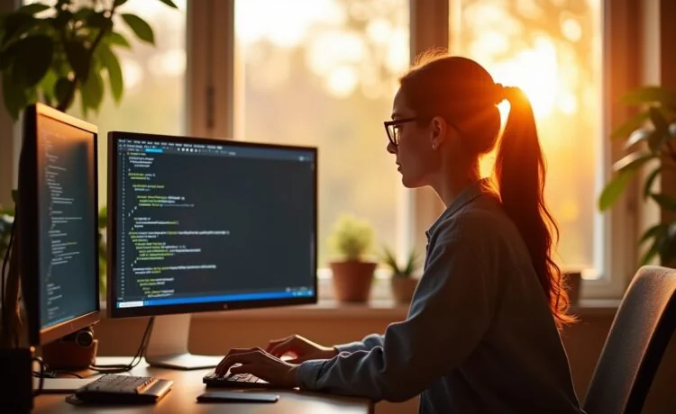 In einem hell erleuchteten modernen Home-Office sitzt eine konzentrierte Frau vor mehreren Bildschirmen, auf denen Code und Browserfenster sichtbar sind, während warme Sonnenstrahlen den Raum durchfluten und eine Atmosphäre aus Zuversicht und Wachsamkeit schaffen.
