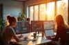 Ein freundliches, hell erleuchtetes Büro mit modernen Bildschirmen, auf denen Teammitglieder in entspannter, konzentrierter Atmosphäre datenbasierte Marketingstrategien diskutieren und innovative Off-Site Retail-Media-Konzepte entwickeln, während warmes Tageslicht durch große Fenster fällt und eine positive Zukunftsstimmung vermittelt.