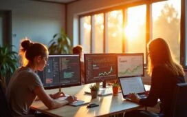 Ein freundliches, hell erleuchtetes Büro mit modernen Bildschirmen, auf denen Teammitglieder in entspannter, konzentrierter Atmosphäre datenbasierte Marketingstrategien diskutieren und innovative Off-Site Retail-Media-Konzepte entwickeln, während warmes Tageslicht durch große Fenster fällt und eine positive Zukunftsstimmung vermittelt.