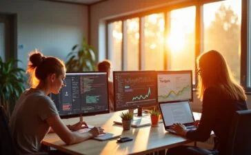 Ein freundliches, hell erleuchtetes Büro mit modernen Bildschirmen, auf denen Teammitglieder in entspannter, konzentrierter Atmosphäre datenbasierte Marketingstrategien diskutieren und innovative Off-Site Retail-Media-Konzepte entwickeln, während warmes Tageslicht durch große Fenster fällt und eine positive Zukunftsstimmung vermittelt.