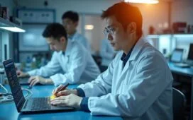 Ein inspirierendes, hell ausgeleuchtetes Porträt eines modernen Forschungslabors, in dem ein japanisches Wissenschaftlerteam konzentriert an hochpräzisen, geometrisch komplexen Nanostrukturen aus leitfähigem Material arbeitet, umgeben von fein gearbeiteten Halbleiterbauteilen und minimalistischer technischer Ausrüstung, das mit natürlichem, warmem Tageslicht eine Atmosphäre von Innovation und zukunftsweisender Technologie vermittelt.