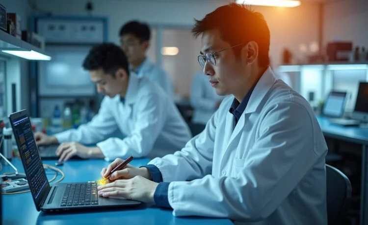 Ein inspirierendes, hell ausgeleuchtetes Porträt eines modernen Forschungslabors, in dem ein japanisches Wissenschaftlerteam konzentriert an hochpräzisen, geometrisch komplexen Nanostrukturen aus leitfähigem Material arbeitet, umgeben von fein gearbeiteten Halbleiterbauteilen und minimalistischer technischer Ausrüstung, das mit natürlichem, warmem Tageslicht eine Atmosphäre von Innovation und zukunftsweisender Technologie vermittelt.