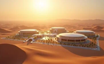 Ein strahlend sonnendurchfluteter moderner Hightech-Campus mit glänzenden Servergebäuden inmitten der warmen, goldenen Wüstenlandschaft Saudi-Arabiens, der Zukunft, Innovation und digitale Vernetzung mit menschlicher Nähe und Optimismus verkörpert.