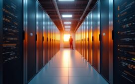 Ein hell erleuchteter, moderner Serverraum in Deutschland, in dem sich technologische Präzision und nachhaltige Innovation in warmem natürlichem Licht spiegeln, während Mitarbeitende in entspannten Gesprächen die Zukunft der Künstlichen Intelligenz gestalten.