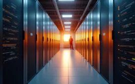 Ein hell erleuchteter, moderner Serverraum in Deutschland, in dem sich technologische Präzision und nachhaltige Innovation in warmem natürlichem Licht spiegeln, während Mitarbeitende in entspannten Gesprächen die Zukunft der Künstlichen Intelligenz gestalten.