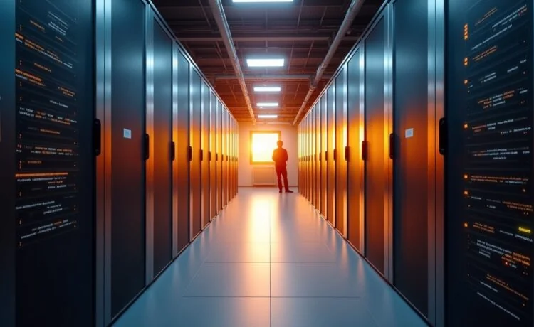 Ein hell erleuchteter, moderner Serverraum in Deutschland, in dem sich technologische Präzision und nachhaltige Innovation in warmem natürlichem Licht spiegeln, während Mitarbeitende in entspannten Gesprächen die Zukunft der Künstlichen Intelligenz gestalten.