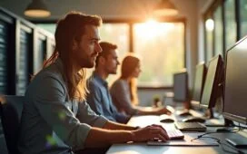 Ein sonnendurchflutetes Büro mit modernen Rechnern und engagierten IT-Experten in entspannter, freundlicher Atmosphäre, die konzentriert an der Entwicklung regionaler Cloud-Lösungen arbeiten und so das Wachstum einer zukunftsweisenden, deutschen Digitalinfrastruktur symbolisieren.