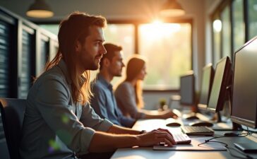 Ein sonnendurchflutetes Büro mit modernen Rechnern und engagierten IT-Experten in entspannter, freundlicher Atmosphäre, die konzentriert an der Entwicklung regionaler Cloud-Lösungen arbeiten und so das Wachstum einer zukunftsweisenden, deutschen Digitalinfrastruktur symbolisieren.