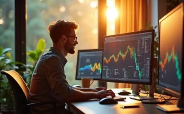 Ein sonnenbeschienener, moderner Arbeitsplatz mit einem freundlichen Webentwickler, der konzentriert vor mehreren Bildschirmen sitzt, auf denen schematisch vernetzte Datenstrukturen und Graphvisualisierungen in warmem Licht erstrahlen, während natürliche Tageslichtstrahlen durch ein großes Fenster fallen und eine einladende, kreative Atmosphäre schaffen.