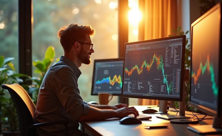 Ein sonnenbeschienener, moderner Arbeitsplatz mit einem freundlichen Webentwickler, der konzentriert vor mehreren Bildschirmen sitzt, auf denen schematisch vernetzte Datenstrukturen und Graphvisualisierungen in warmem Licht erstrahlen, während natürliche Tageslichtstrahlen durch ein großes Fenster fallen und eine einladende, kreative Atmosphäre schaffen.