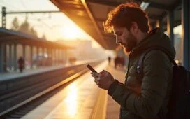 Eine helle, realistische Aufnahme eines entspannten Reisenden am sonnendurchfluteten Bahnhof, der konzentriert auf sein Smartphone schaut, umgeben von moderner Zuginfrastruktur und warmen Farbtönen, die Zuversicht und Achtsamkeit im Umgang mit digitalen Daten symbolisieren.