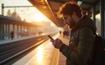 Eine helle, realistische Aufnahme eines entspannten Reisenden am sonnendurchfluteten Bahnhof, der konzentriert auf sein Smartphone schaut, umgeben von moderner Zuginfrastruktur und warmen Farbtönen, die Zuversicht und Achtsamkeit im Umgang mit digitalen Daten symbolisieren.