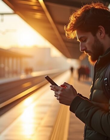 Eine helle, realistische Aufnahme eines entspannten Reisenden am sonnendurchfluteten Bahnhof, der konzentriert auf sein Smartphone schaut, umgeben von moderner Zuginfrastruktur und warmen Farbtönen, die Zuversicht und Achtsamkeit im Umgang mit digitalen Daten symbolisieren.