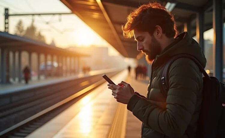 Eine helle, realistische Aufnahme eines entspannten Reisenden am sonnendurchfluteten Bahnhof, der konzentriert auf sein Smartphone schaut, umgeben von moderner Zuginfrastruktur und warmen Farbtönen, die Zuversicht und Achtsamkeit im Umgang mit digitalen Daten symbolisieren.