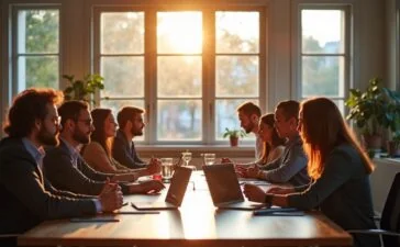 Ein dynamisches Büro mit sonnendurchfluteten Fenstern, in dem ein diverses Team konzentriert um einen großen Tisch versammelt ist, angeregte Gespräche über digitale Datensicherheit führt und dabei entspannt und vertrauensvoll wirkt – ein Sinnbild für die komplexen, aber lösbaren Herausforderungen des internationalen Datenschutzes.