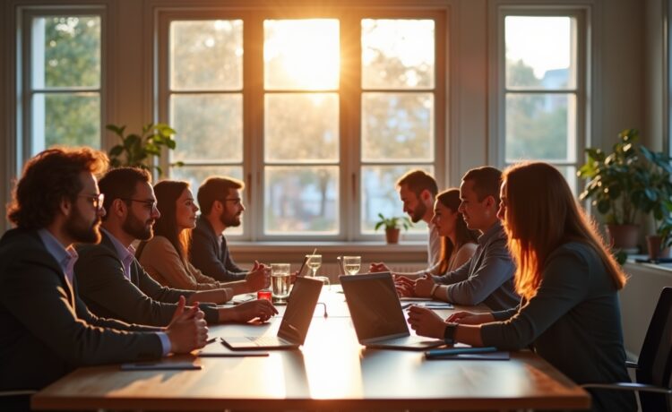 Ein dynamisches Büro mit sonnendurchfluteten Fenstern, in dem ein diverses Team konzentriert um einen großen Tisch versammelt ist, angeregte Gespräche über digitale Datensicherheit führt und dabei entspannt und vertrauensvoll wirkt – ein Sinnbild für die komplexen, aber lösbaren Herausforderungen des internationalen Datenschutzes.