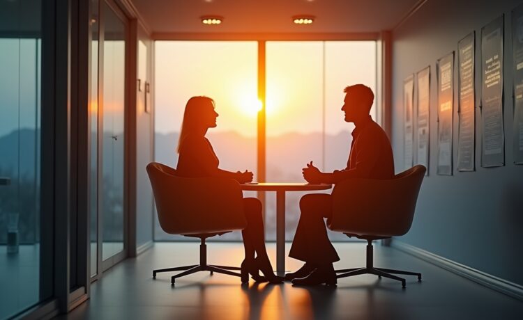 Ein hell erleuchteter moderner Besprechungsraum mit zwei Personen, die konzentriert über digitale Datensicherheit und biometrische Technologien diskutieren, in warmer Tageslichtstimmung eingefangen, die eine Atmosphäre von Vertrauen und verantwortungsbewusstem Dialog vermittelt.