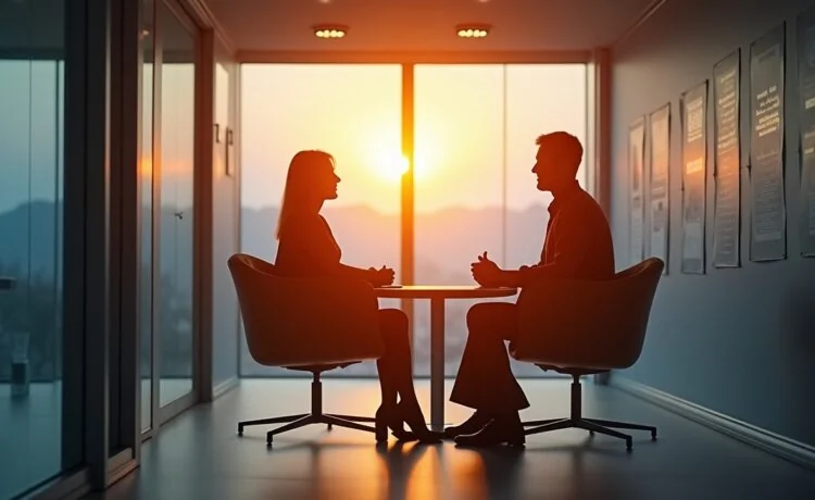 Ein hell erleuchteter moderner Besprechungsraum mit zwei Personen, die konzentriert über digitale Datensicherheit und biometrische Technologien diskutieren, in warmer Tageslichtstimmung eingefangen, die eine Atmosphäre von Vertrauen und verantwortungsbewusstem Dialog vermittelt.